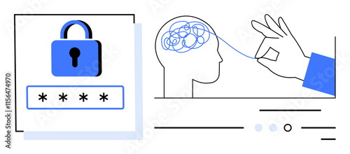 Lock symbol with asterisks indicating password field, hand untangling thoughts from human brain sketch. Ideal for cybersecurity, data protection, mental health, digital security, privacy, cognitive