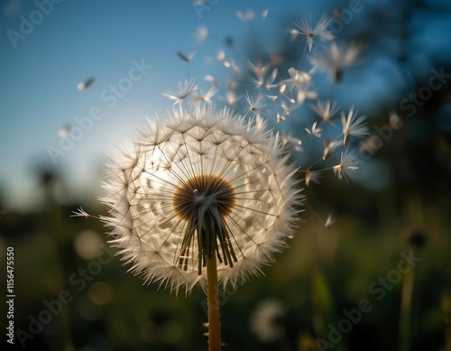Dandelion seed head dispersing seeds in the wind