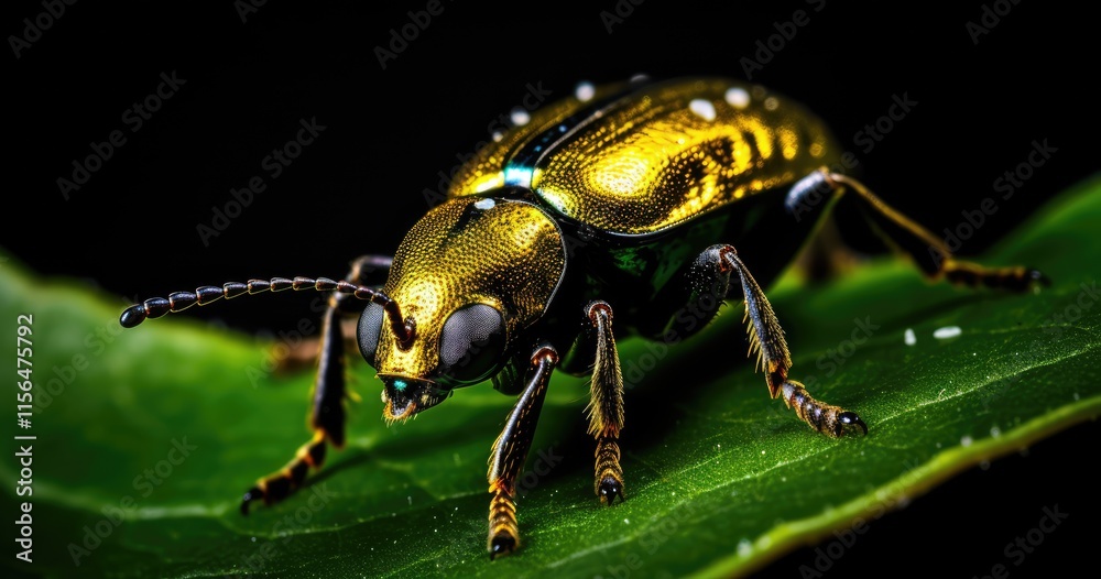 A close-up of a vibrant, metallic beetle resting on a green leaf. A close-up of a vibrant, metallic beetle resting on a green leaf.