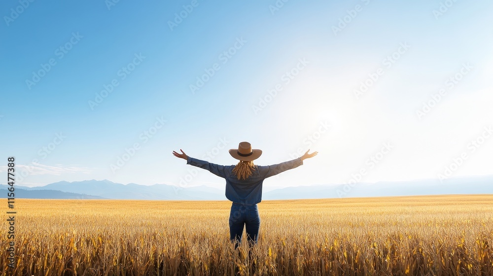 Woman in a Hat Embracing Nature in a Golden Wheat Field Under a Clear Blue Sky with Mountains in the Distance at Sunrise or Sunset Woman in a Hat Embracing Nature in a Golden Wheat Field Under a Clear Blue Sky with Mountains in the Distance at Sunrise or Sunset