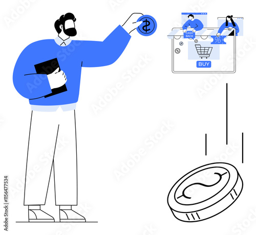 Man holding folder deposits coin into tablet screen with shopping cart and people icons. Ideal for e-commerce, digital transactions, online shopping, business finance, technology, customer service