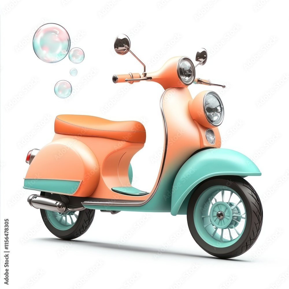 A charming scooter with a bubble blower on the back. vector style art 3d illustration Isolated on White Background A charming scooter with a bubble blower on the back. vector style art 3d illustration Isolated on White Background