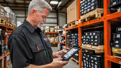 Warehouse Worker Uses Tablet for Inventory Management