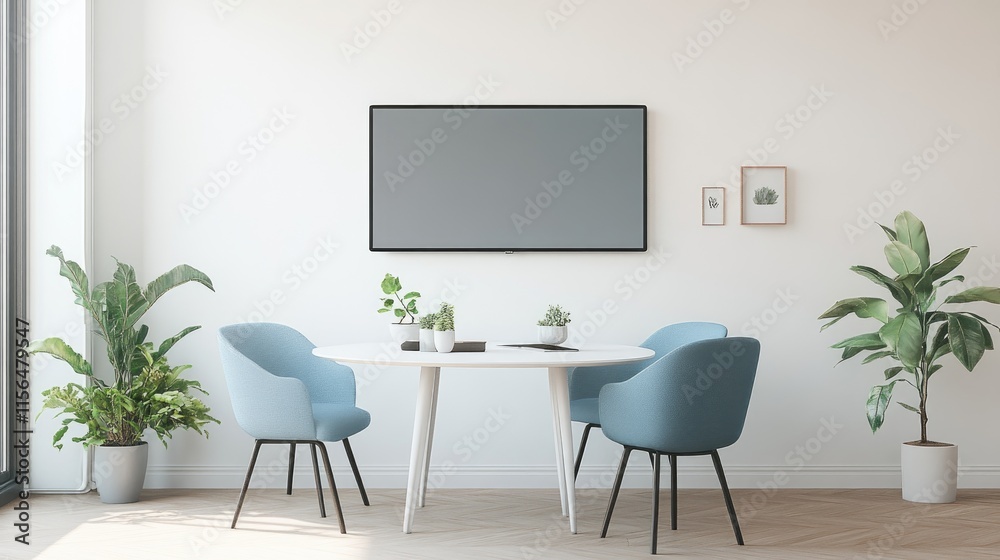 Fototapeta premium Minimalist Modern Dining Area With Blue Chairs And Plants
