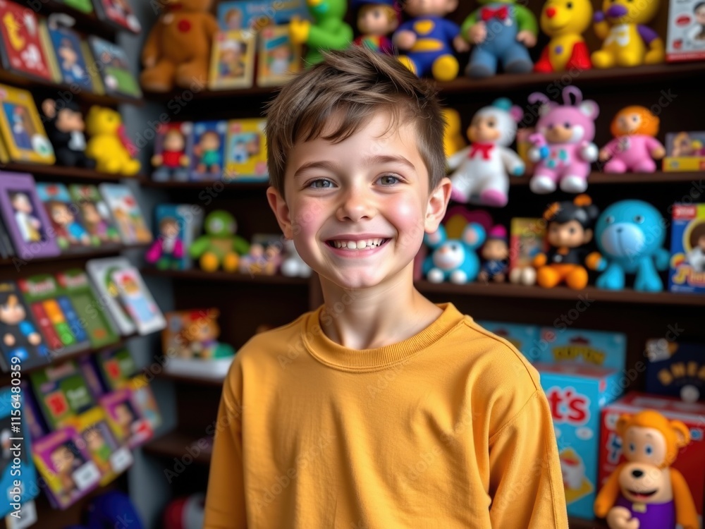 Happy Boy Smiling in Toy Filled Room Childrens Bookshelf Background Happy Boy Smiling in Toy Filled Room Childrens Bookshelf Background