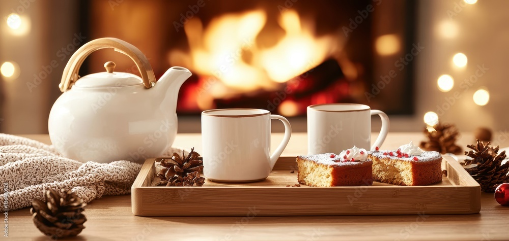 Fototapeta premium A cozy scene with a teapot, two mugs, and a dessert on a wooden tray, set against a warm fireplace backdrop.