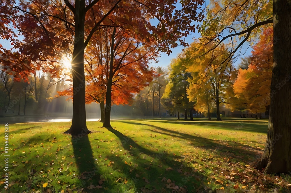 Naklejka premium A autumn landscape background with natural beauty fall scenery colourful fall leaves