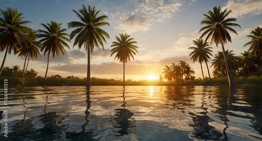 Golden sunset behind palm trees in a tropical setting, creating a peaceful atmosphere with reflections on the water. Golden sunset behind palm trees in a tropical setting, creating a peaceful atmosphere with reflections on the water.