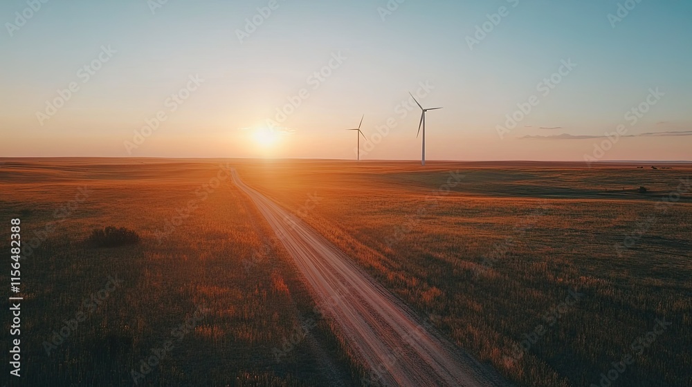 Sunset over a rural road with wind turbines. Sunset over a rural road with wind turbines.