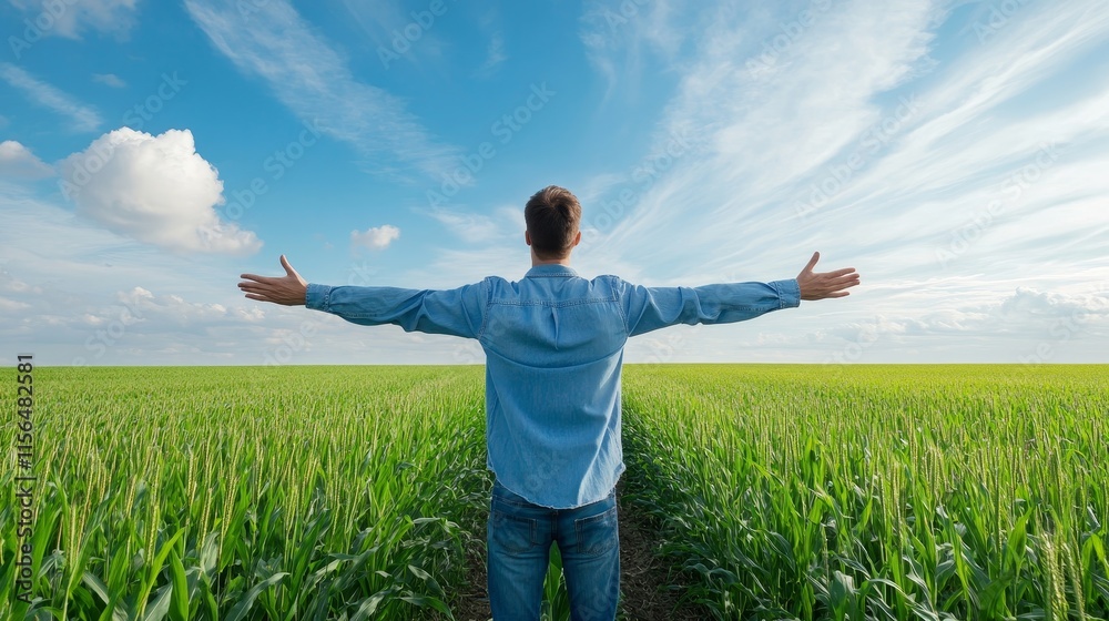 Man Standing in Lush Green Field with Arms Outstretched Under Blue Sky and Fluffy White Clouds, Embracing Nature and Freedom in a Tranquil Rural Setting Man Standing in Lush Green Field with Arms Outstretched Under Blue Sky and Fluffy White Clouds, Embracing Nature and Freedom in a Tranquil Rural Setting
