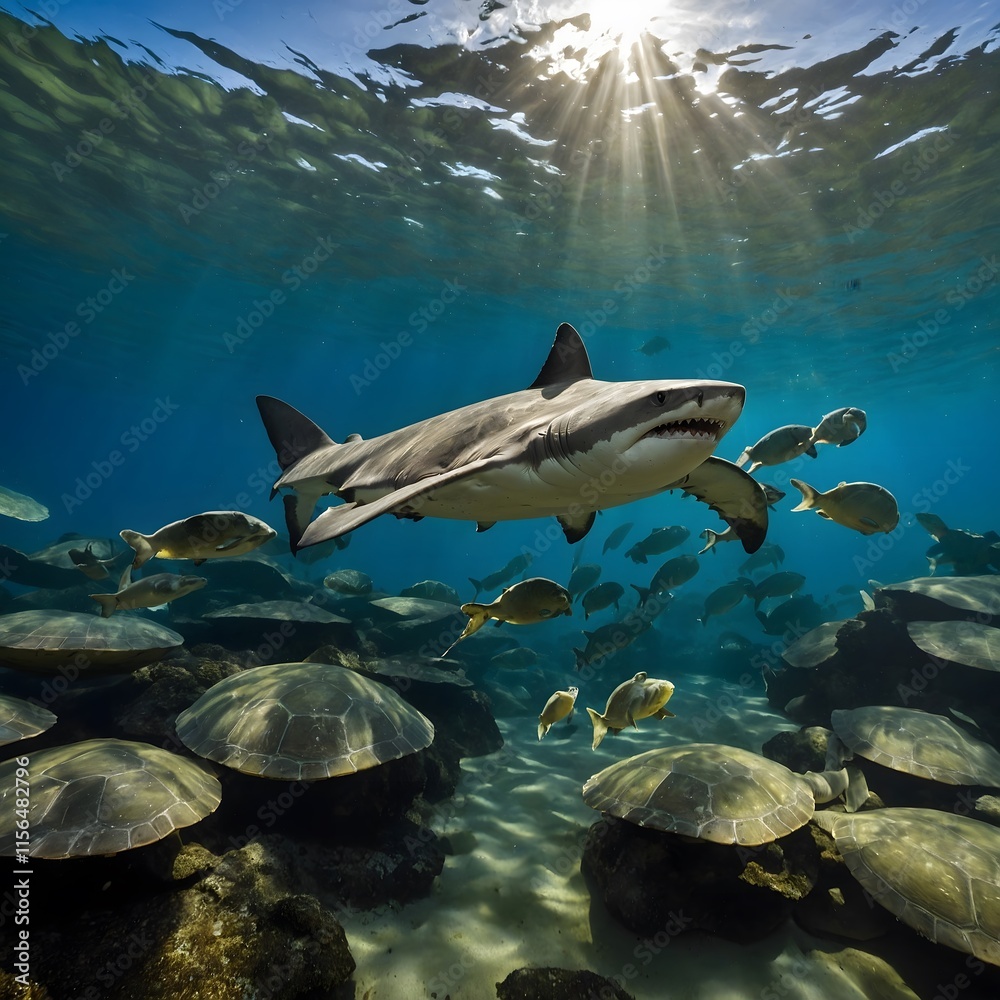Fototapeta premium Peaceful Waters: Northern River Shark and River Turtles Thriving Together in Freshwater