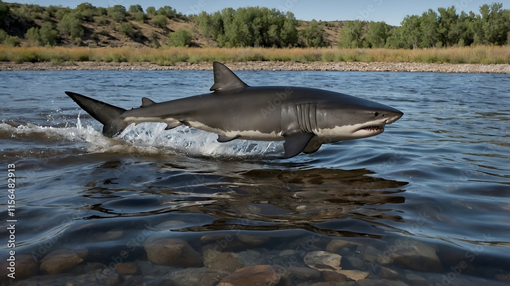 Fototapeta premium Northern River Shark in Motion: Swimming Upstream Against Powerful Currents