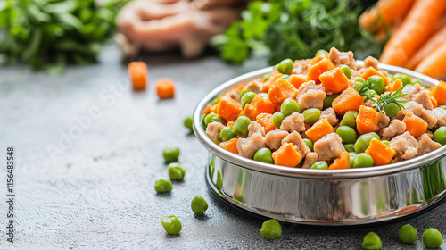 Delicious Homemade Dog Food Recipe:  A close-up shot of a metal bowl filled with appetizing homemade dog food, featuring chunks of chicken, carrots, and peas.