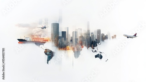 Modern Global Trade and Transportation Concept with City Skyline, Airplane, Ship, and World Map Symbolizing Economic Connectivity and International Logistics