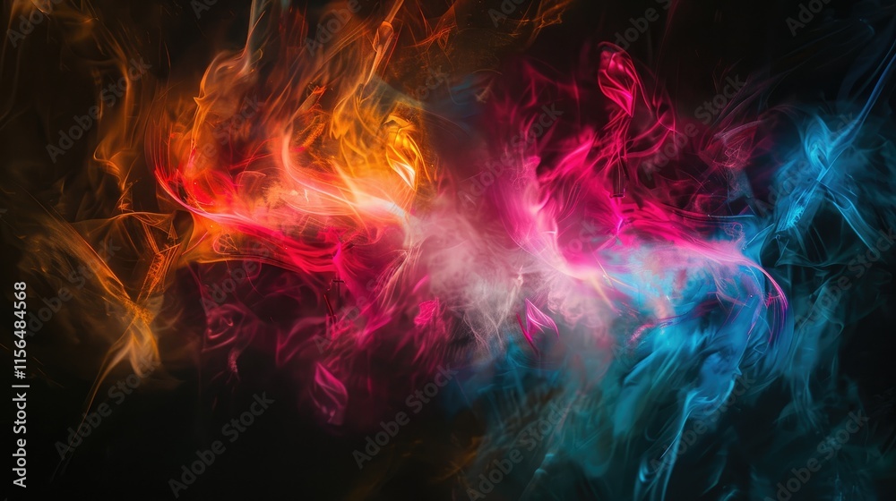 Fototapeta premium Abstract colorful smoke patterns blending in vibrant hues against a dark background.