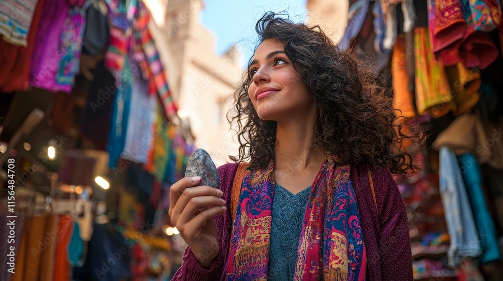 Obraz premium Young Woman Exploring Local Market with Liaison Stone in Hand