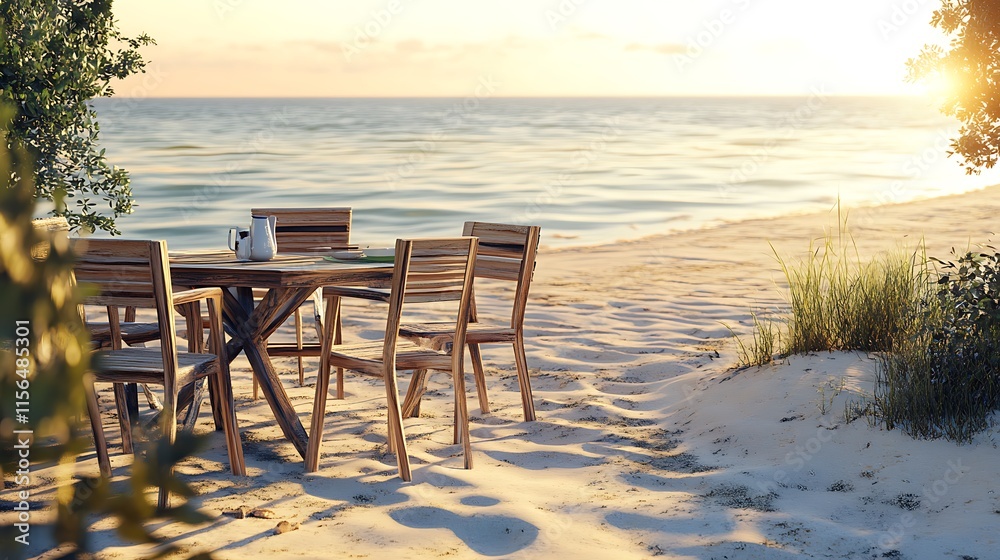 Serene Sunset: Stunning 3D Render of Beachside Dining Set. AI Generated Serene Sunset: Stunning 3D Render of Beachside Dining Set. AI Generated