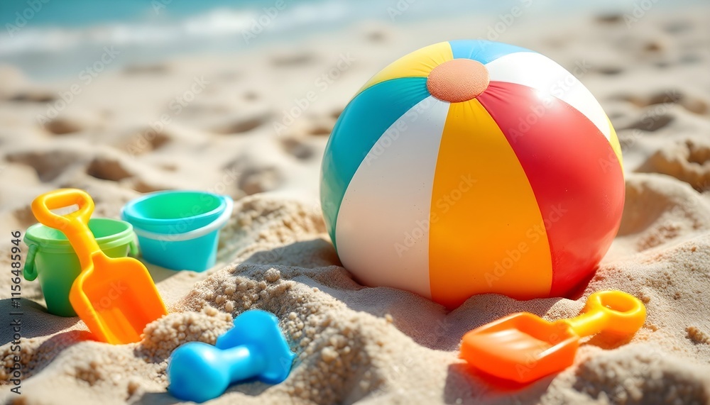 Beach Fun: Colorful Beach Ball and Sand Toys on Sunny Shore Beach Fun: Colorful Beach Ball and Sand Toys on Sunny Shore
