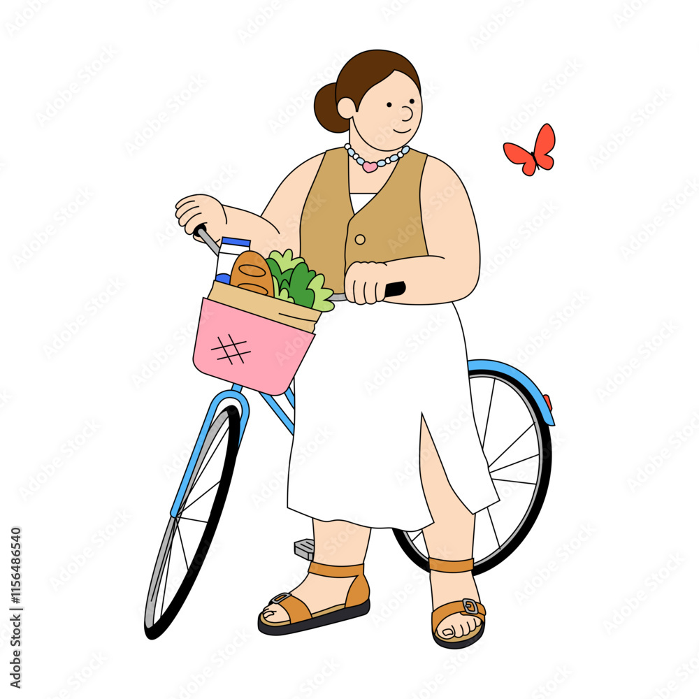 A young woman rolls her bicycle with groceries A young woman rolls her bicycle with groceries