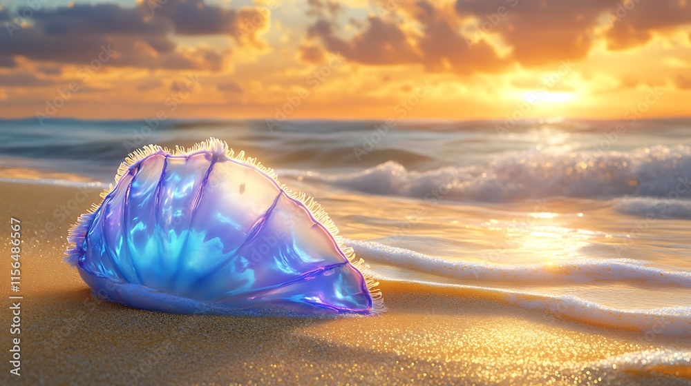 A Portuguese Man O' War glowing in pastel blue and soft purple resting on golden sand with ocean waves shimmering under the golden sunset light A Portuguese Man O' War glowing in pastel blue and soft purple resting on golden sand with ocean waves shimmering under the golden sunset light