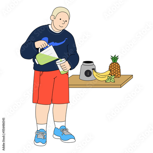 Young man makes himself a fruit smoothie