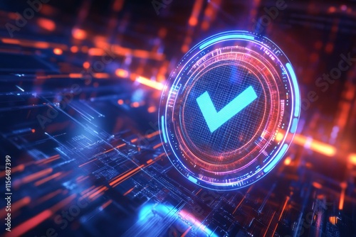 representing a hologram concept, Digital technology background with a blue checkmark icon in a circle