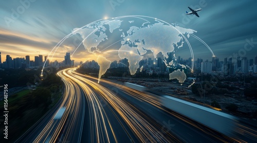 Urban Cityscape with Motion Light Trails and World Map Overlay Representing Global Connectivity and Transportation of People and Goods in Modern Metropolis
