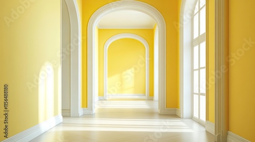 Yellow Hallway With Arched Doorways And Bright Sunlight