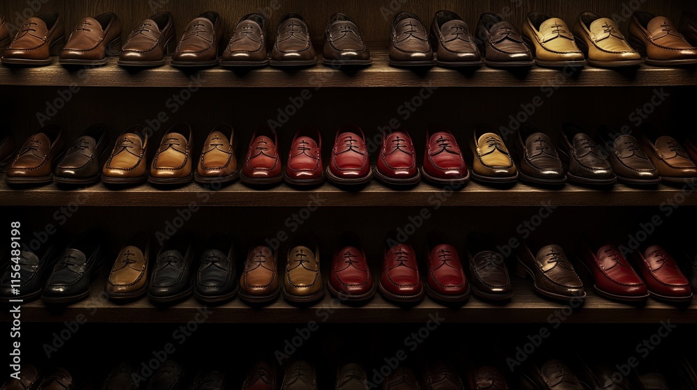 Rows of polished leather loafers in classic shades, arranged neatly on dark wood shelves Rows of polished leather loafers in classic shades, arranged neatly on dark wood shelves