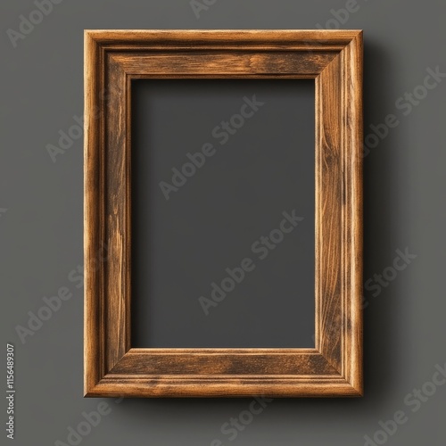 Wall wooden photo frame for picture 3d mockup vector. Bland realistic poster photoframe a4 template. Print vertical artwork banner with wood passepartout border. Gallery paper painting design