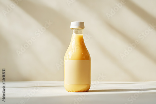 Juice bottle glass clear white mockup, Front view juice glass bottle on white background. Modern bottle fruit orange packaging product carton. Copy space for text. Ideal for themes related to products photo