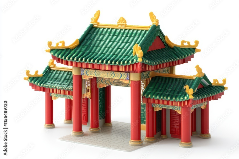 Naklejka premium Chinese style green roof red arch on white background chinese architecture