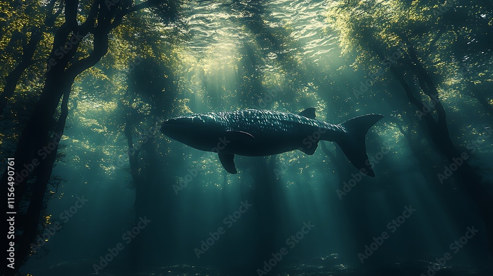 Fototapeta premium Whale Shark Swims Through An Underwater Forest