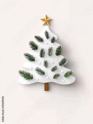 Christmas and New year card concept. Decorative Christmas tree with snow and green accents, topped with a golden star, ideal for festive imagery.
