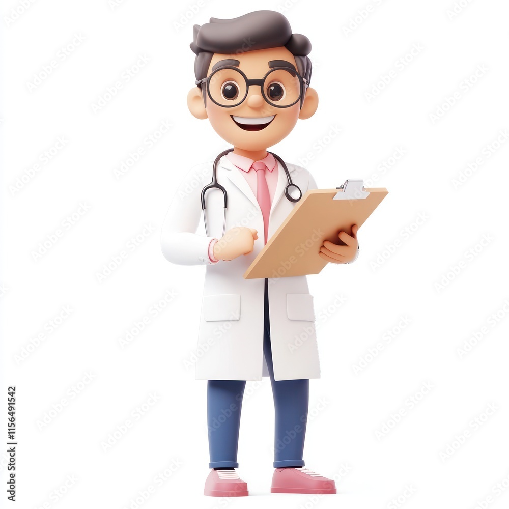 A cheerful doctor with a stethoscope and a clipboard. vector style art 3d illustration Isolated on White Background A cheerful doctor with a stethoscope and a clipboard. vector style art 3d illustration Isolated on White Background