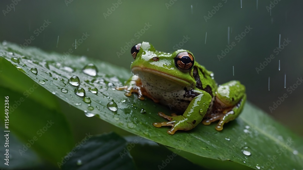 Raindrops and Calm: Northern Tinker Frog Perched on a Wet Leaf in the Forest Raindrops and Calm: Northern Tinker Frog Perched on a Wet Leaf in the Forest