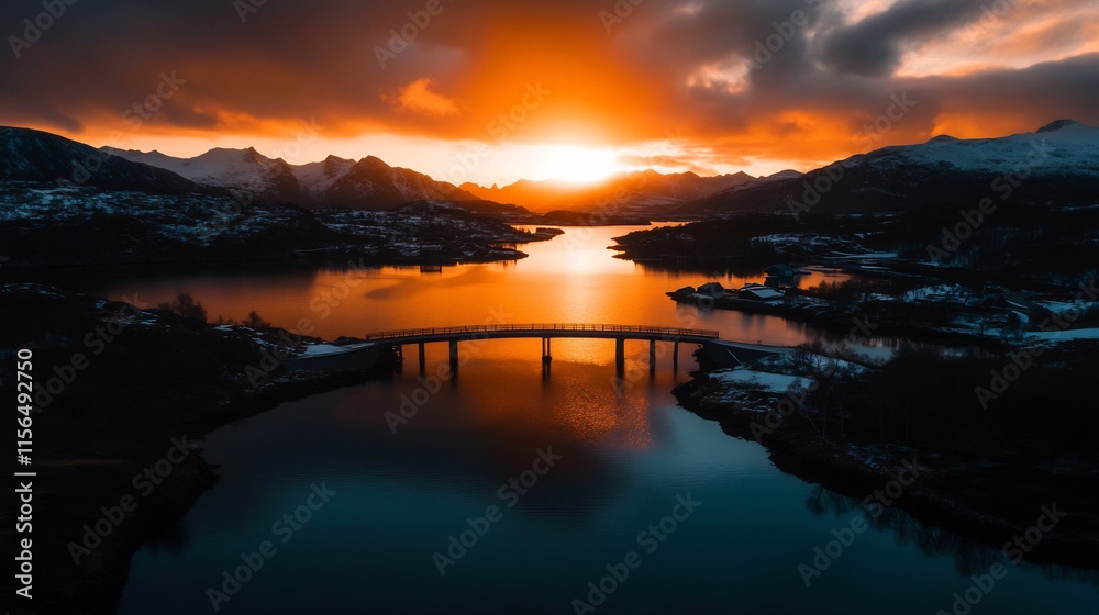 Fiery Sunset over Lofoten Islands Bridge Fiery Sunset over Lofoten Islands Bridge