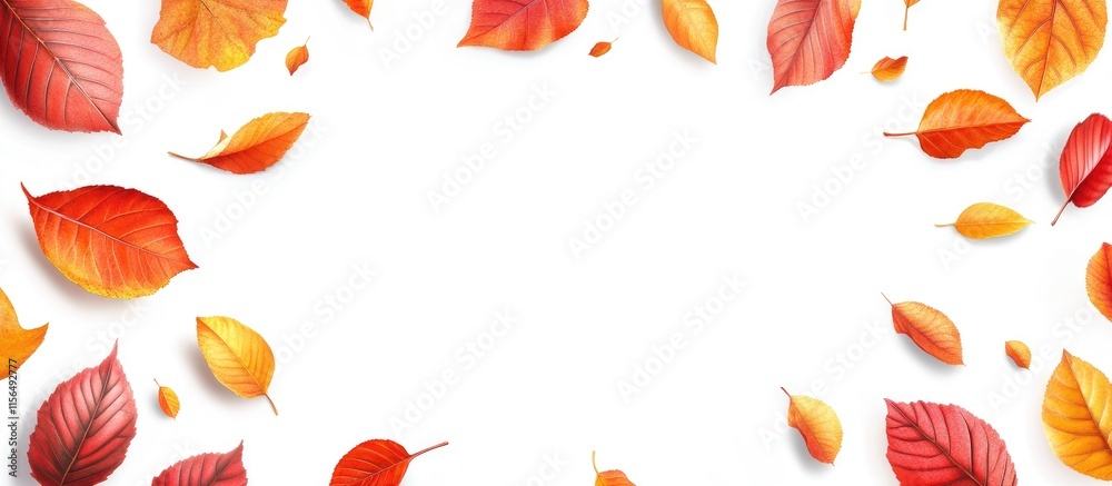 Obraz premium Autumn leaves falling gracefully on a white background creating a serene space for seasonal text and design elements.