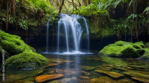 Peaceful Currents: Galaxias Fontanus Moving Gracefully Under a Gentle Waterfall