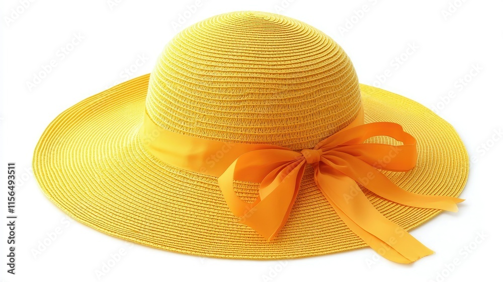Yellow sun hat with orange ribbon, isolated on white background. Yellow sun hat with orange ribbon, isolated on white background.