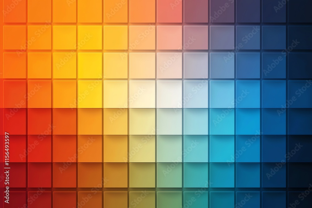 A gradient of vibrant colors arranged in squares, transitioning from red through orange and yellow to blue, creating a visually appealing mosaic.