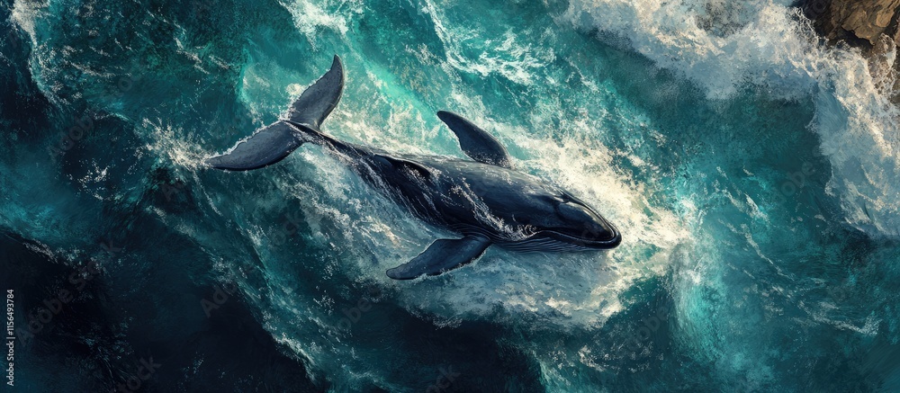 Fototapeta premium Aerial view of a whale in turbulent ocean waters with a rugged coastline highlighting wildlife conservation and ample space for text