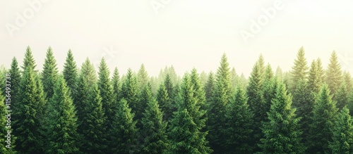Aerial view of a lush green forest canopy with tall trees and soft sunlight illuminating the serene landscape creating a tranquil atmosphere
