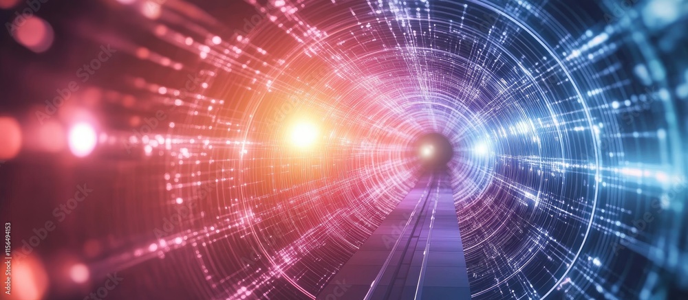 Digital abstract tunnel with vibrant glowing lines and lights creating a futuristic background with empty space for your text or graphics