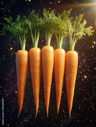 Bright orange carrots, colorful rays, add freshness photo