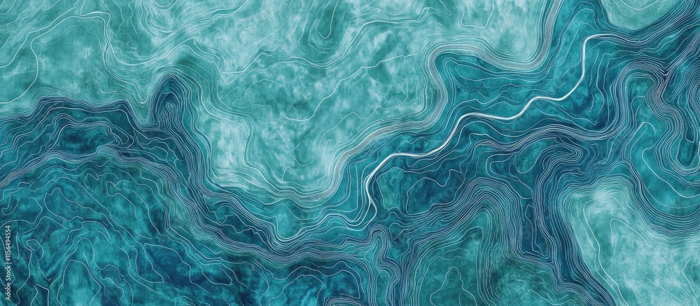 Naklejka premium Satellite Topographic Map with Contour Lines Depicting Rivers and Roads in a Blue Green Abstract Design for Text Placement