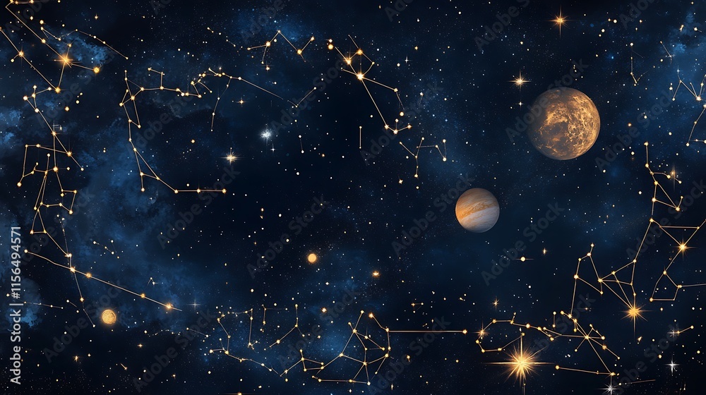 Naklejka premium Stunning Wide Shot Photo: Celestial Bodies Gracefully Orbiting in a Deep, Starry Night Sky. AI Generated