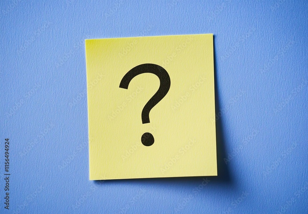 Yellow sticky note with a black question mark on a blue background, close-up. Yellow sticky note with a black question mark on a blue background, close-up.