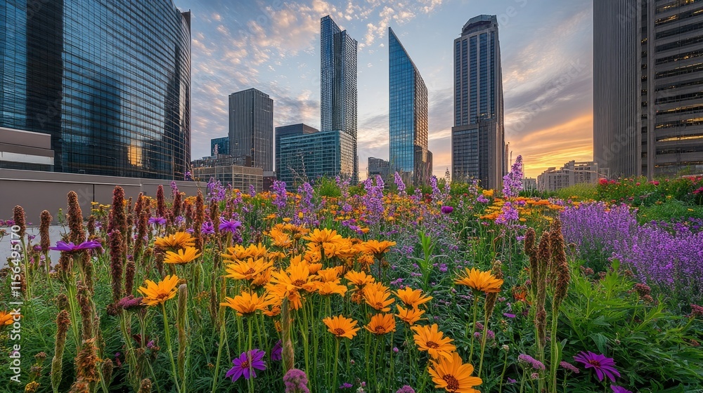 Vibrant wildflowers bloom in foreground of modern city skyline at sunset. Vibrant wildflowers bloom in foreground of modern city skyline at sunset.