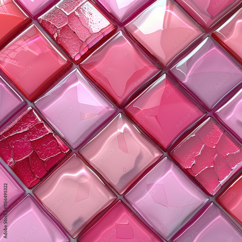 A close-up of glossy pink tiles arranged in a patterned layout. A close-up of glossy pink tiles arranged in a patterned layout.